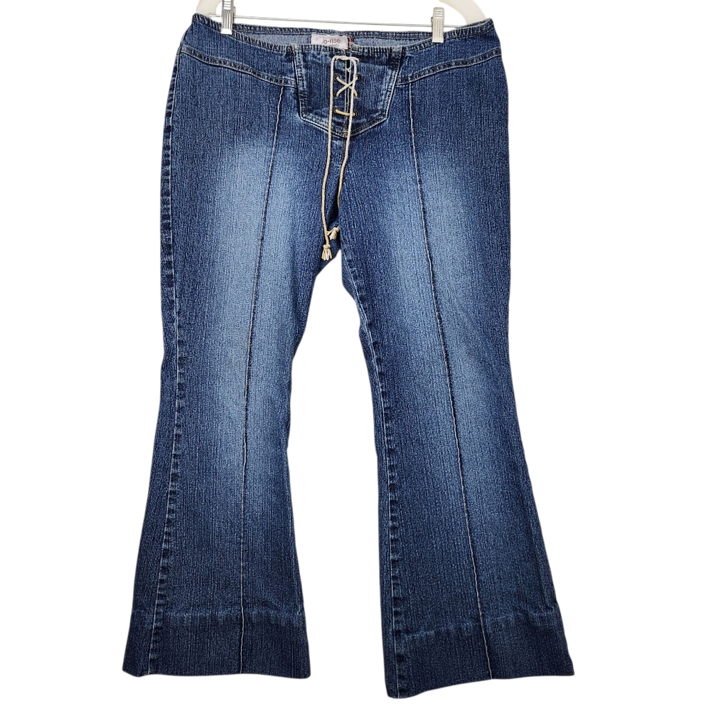 VTG Jordache Juniors Size 7 Lo-Rise Stretch Lace Up Front Wide Leg Boho Jeans